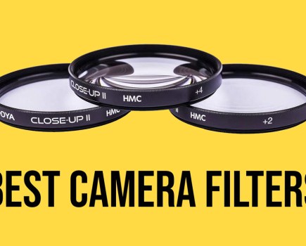 best lens filters three lens filters stacked on top of each other in a pyramid against a yellow background, below text reads: best camera filters